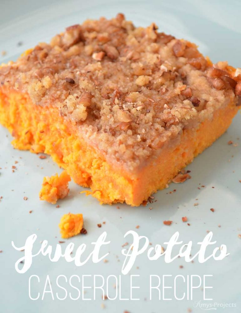 A delicious sweet potato casserole recipe topped with yummy pecans.